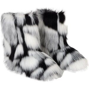 Womens Winter Snow Boots Knee High Faux Fur Lined Flat White & Black Warm Shoes